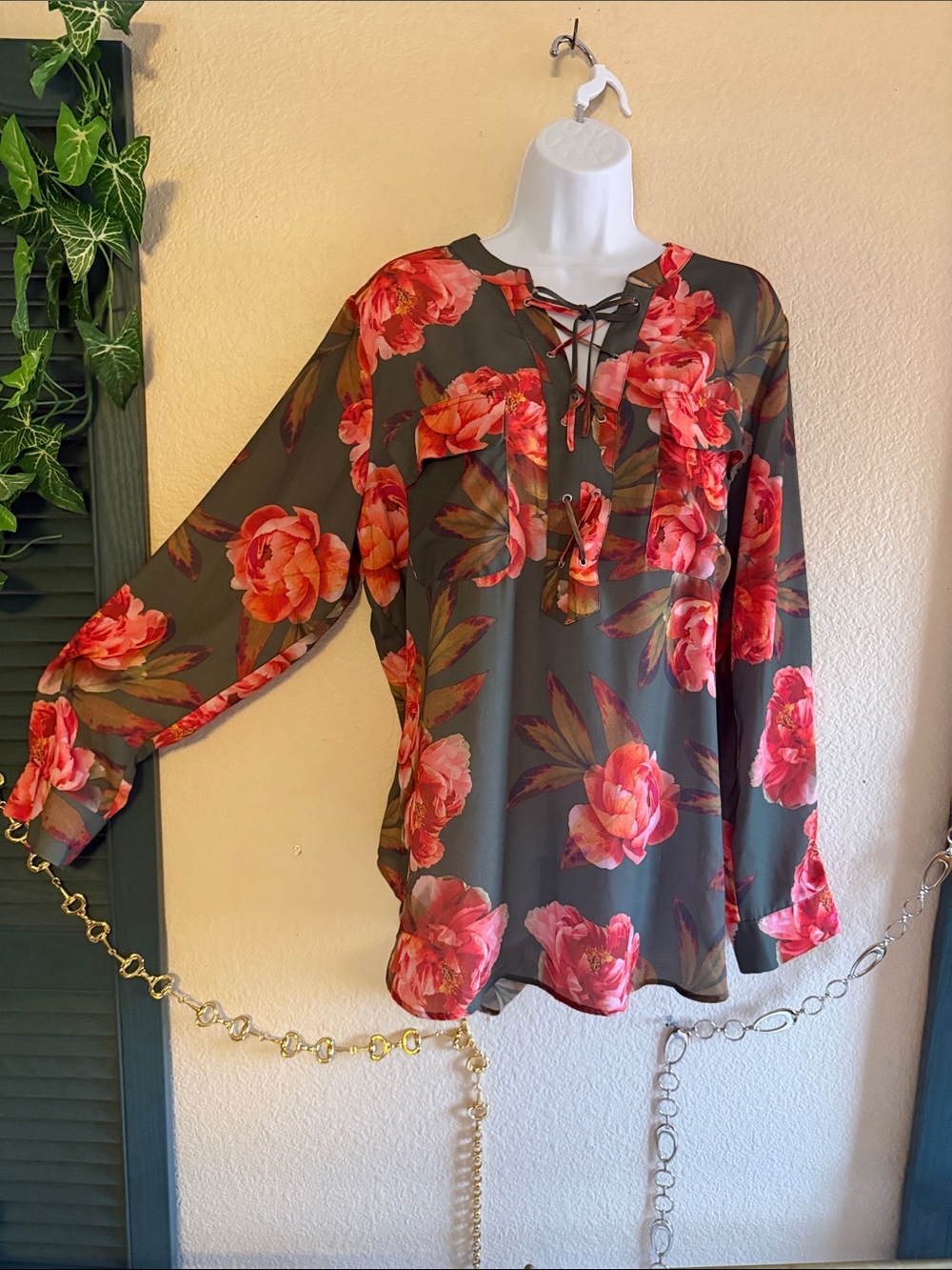 Floral Lace-Up Long-Sleeve Blouse - Pink Floral on Olive